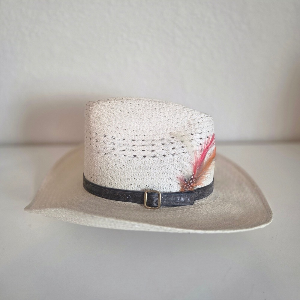 Vintage Straw Cowboy Hat Size 7 1/4 Ventilated Crown Feather Leather Band Cream